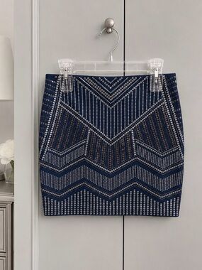 Express Navy Mini Skirt with Silver Sequin Chevron Design